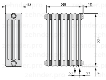 Схема (чертеж) Радиатор Zehnder Charleston 5110/8 №5510 Белый глянцевый RAL 9016